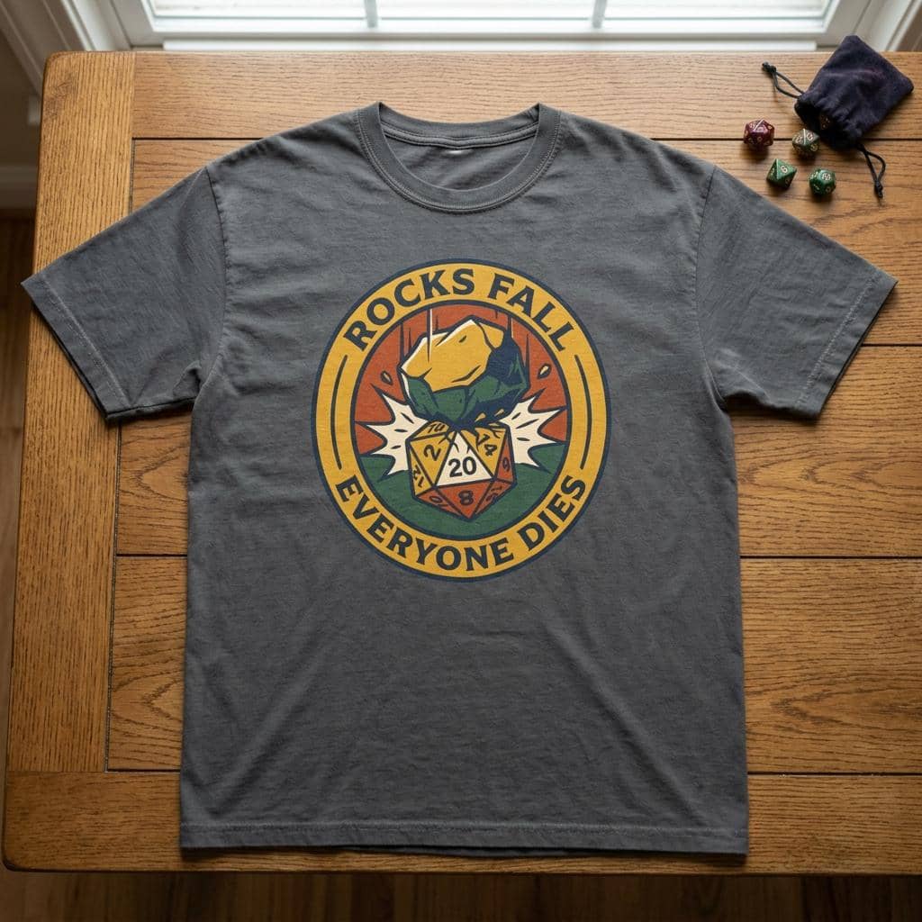 A deadpan tabletop in-joke graphic tee featuring a vintage national-park style emblem where a giant plummeting boulder crushes a d20 die, shown laid flat among dice