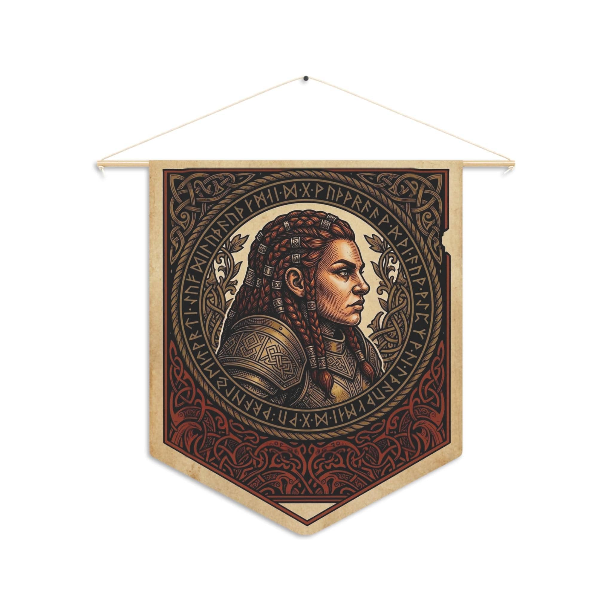Vintage heraldic female dwarf warrior pennant flag designed to elevate RPG campaign corners and gaming battle stations with authentic medieval heraldry, front view