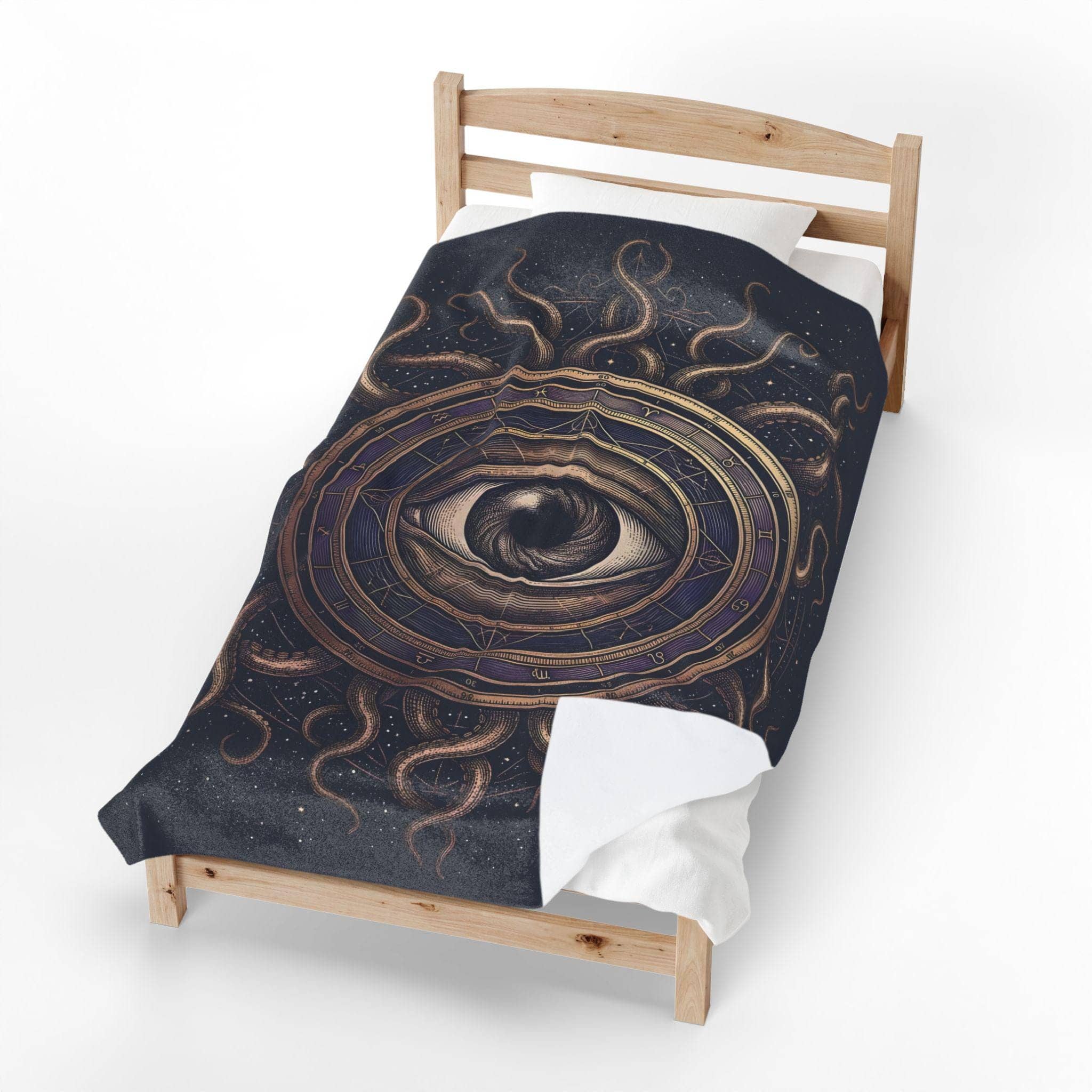 An atmospheric, oversized gaming throw blanket featuring an intricate cosmic horror warlock patron seal that upgrades game rooms and fall campaign nights, in a room setting