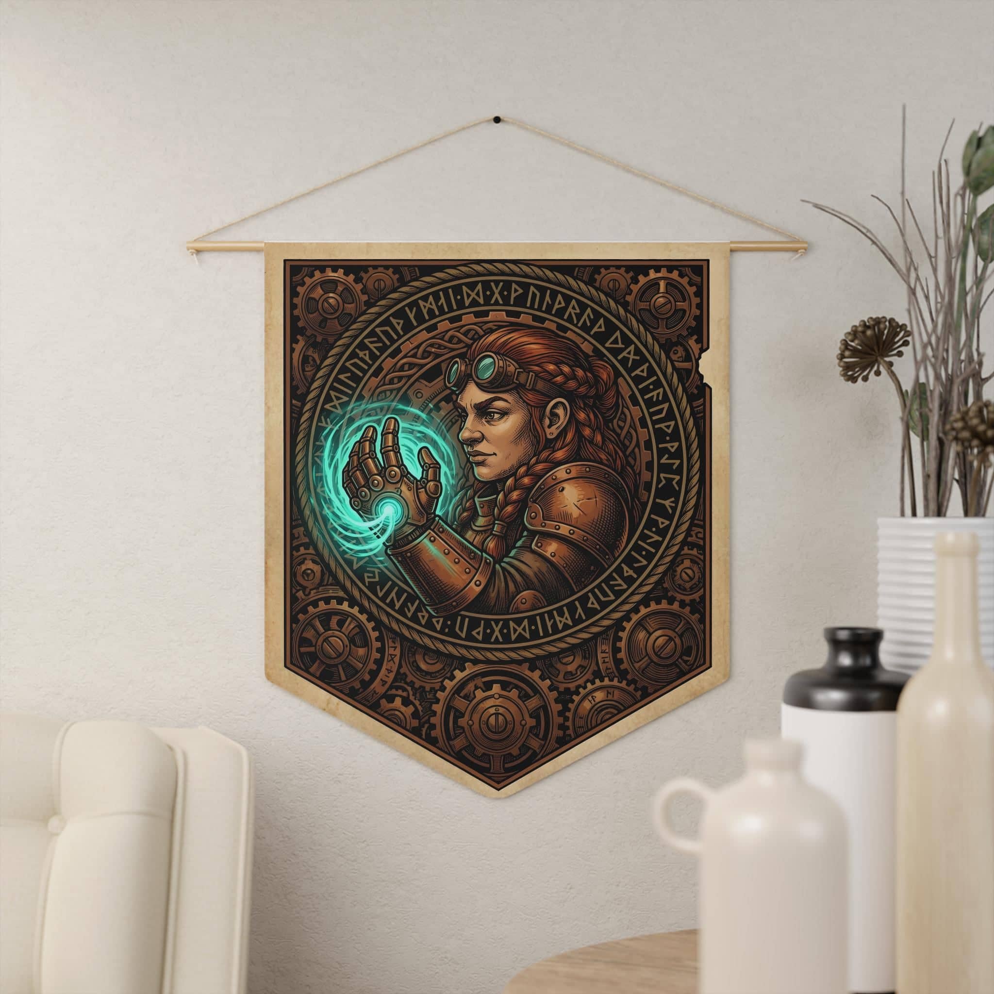 Vintage heraldic dwarf artificer pennant flag designed to elevate RPG campaign corners and gaming battle stations with authentic magical engineering heraldry, in a room setting