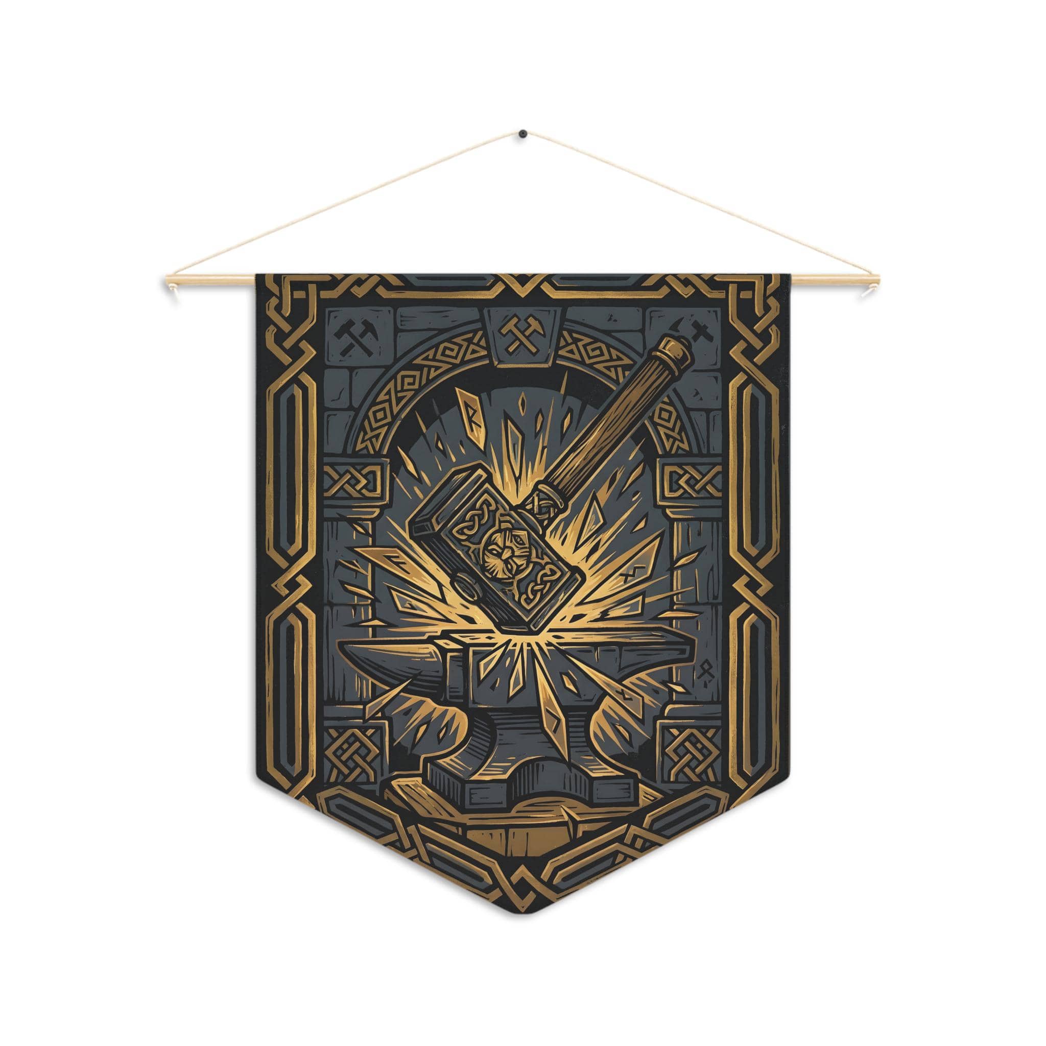 Heraldic felt wall hanging featuring an ancient dwarven clan forge emblem, printed on a pennant, front view