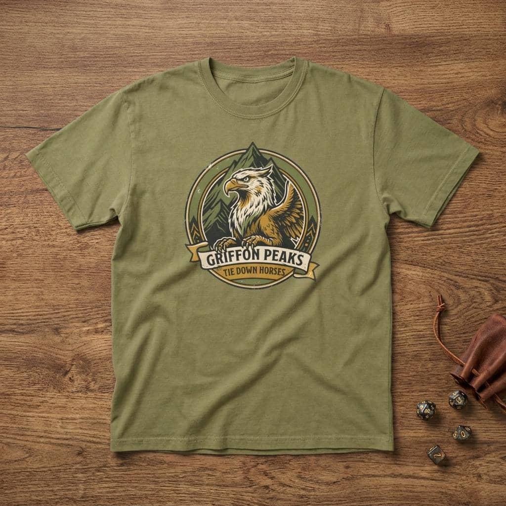 Vintage national park parody tee featuring a noble mountain griffon alongside a deadpan ranger warning for traveling adventurers to keep their prized mounts secured, shown laid flat among dice