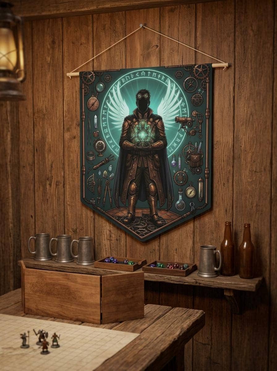 Radiant male aasimar artificer surrounded by arcane gadgets, tinkering tools, and celestial light on a premium pennant, shown on a tavern wall