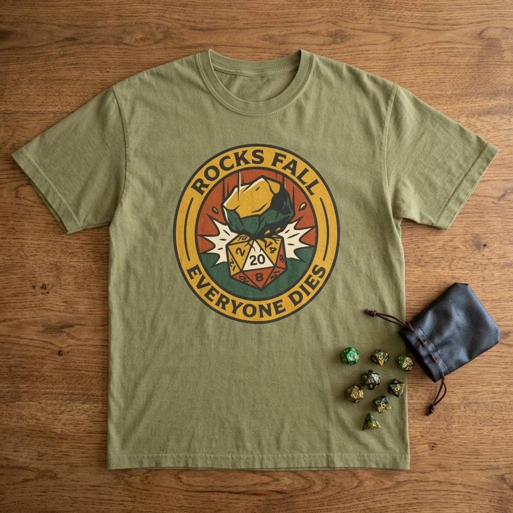 A deadpan tabletop in-joke graphic tee featuring a vintage national-park style emblem where a giant plummeting boulder crushes a d20 die, shown laid flat among dice