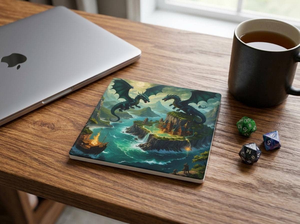 Majestic dragons flying over an island castle as a ship approaches the shore, printed on a coaster, shown on a desk