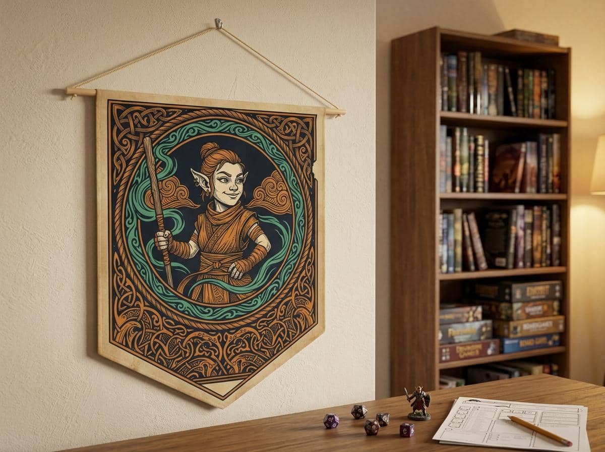 Vintage heraldic gnome monk pennant flag designed to elevate RPG campaign corners and gaming battle stations with authentic medieval heraldry and serene martial ki, shown on a game room wall
