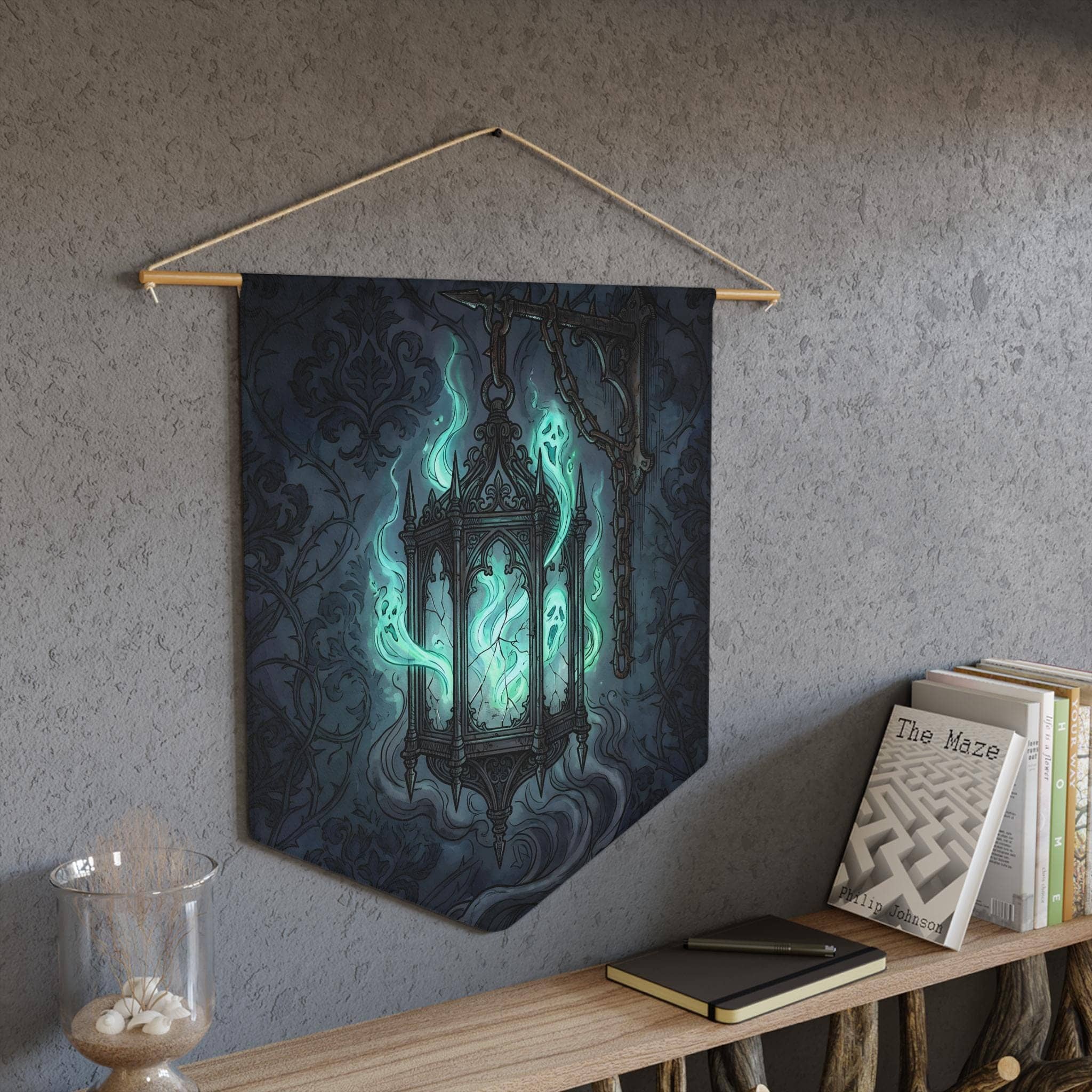 A dark fantasy gothic wall pennant showcasing a glowing spirit cage lantern, crafted as a moody Halloween game room centerpiece and campaign table backdrop, in a room setting