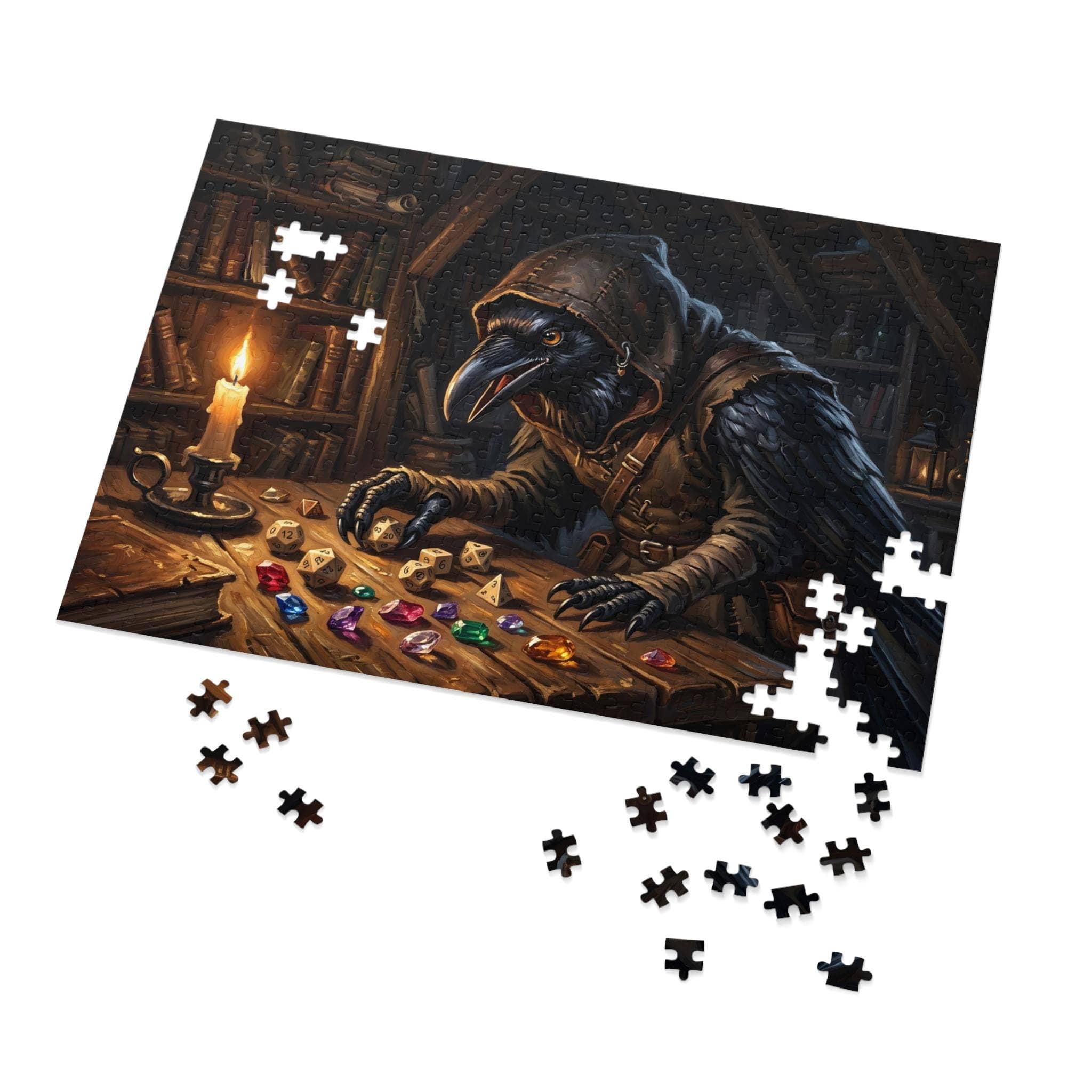A richly rendered fantasy jigsaw puzzle showcasing an inquisitive raven-folk rogue sorting through a glittering hoard of polyhedral dice and stolen gems, in a room setting