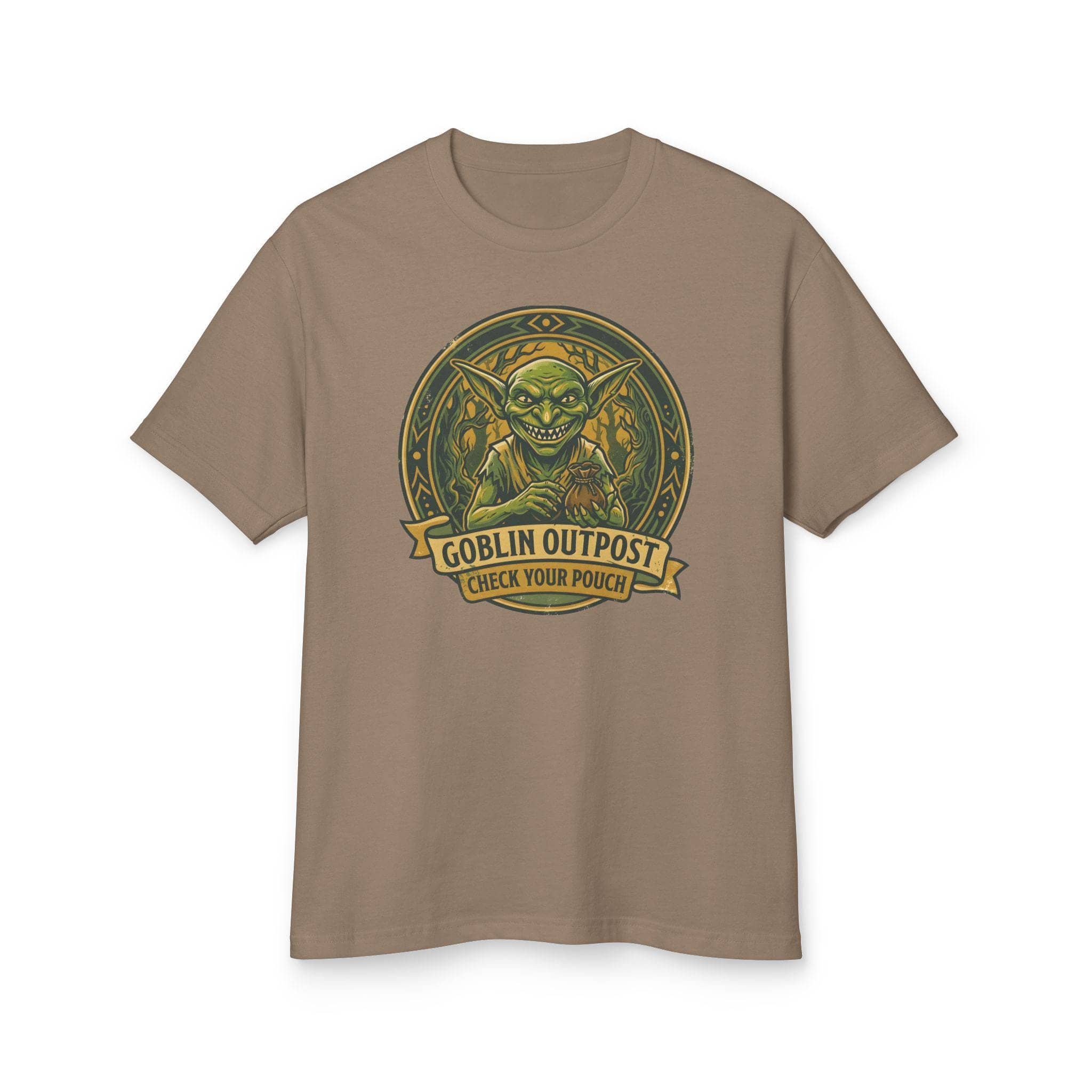 Deadpan national park style graphic tee warning tabletop adventurers to guard their coin pouches from grinning goblin scavengers, front view