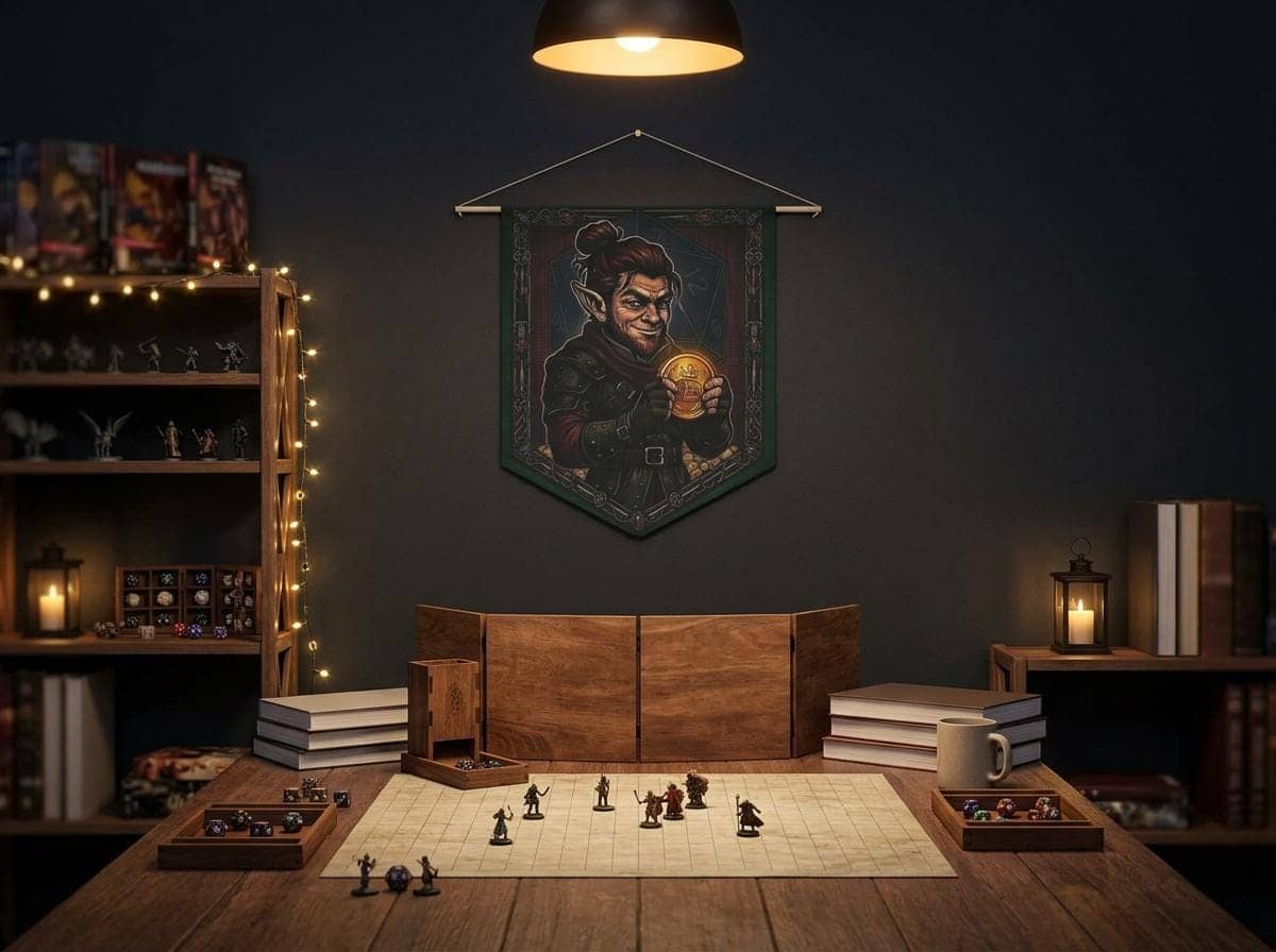 A bold screenprint-style canvas banner celebrating a critical Sleight of Hand roll, featuring a roguish gnome with his stolen prize to elevate a gaming room or pin collection corner, shown on a game room wall