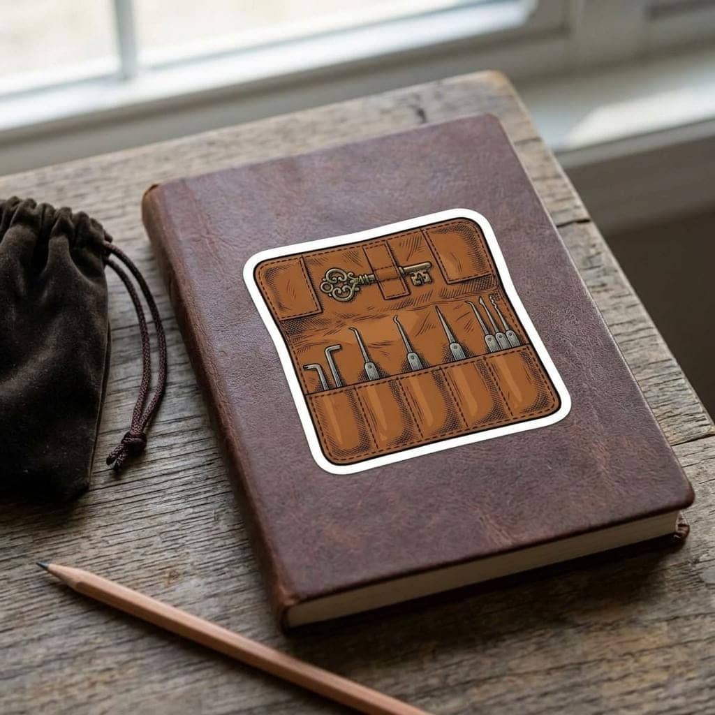 A detailed kiss-cut vinyl decal featuring an unrolled rogue's leather lockpick kit, shown on a notebook