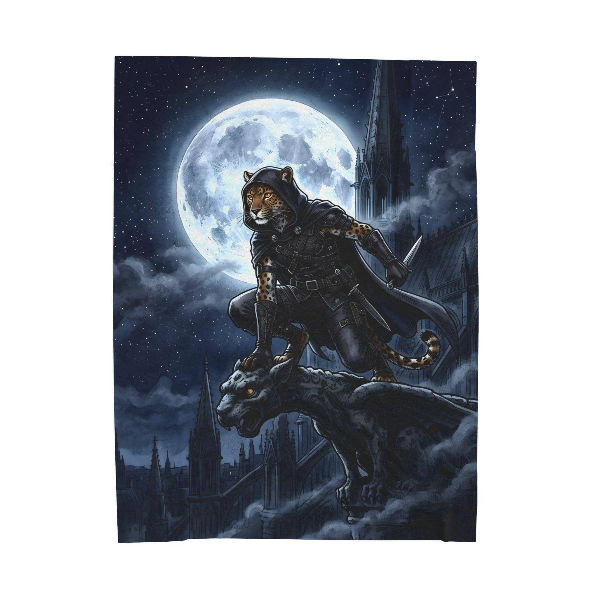 A plush velveteen throw blanket showcasing an agile feline rogue crouching across gothic cathedral spires under a giant silver moon, front view