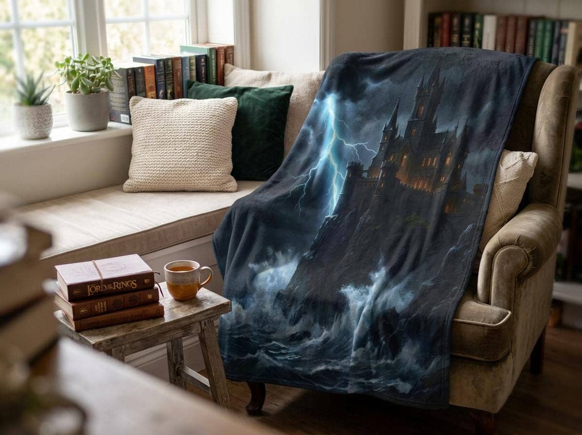A rugged clifftop fortress defying ocean squalls and lightning, printed edge-to-edge on a plush sherpa throw blanket designed to keep players cozy during marathon tabletop campaign nights, shown in a reading nook