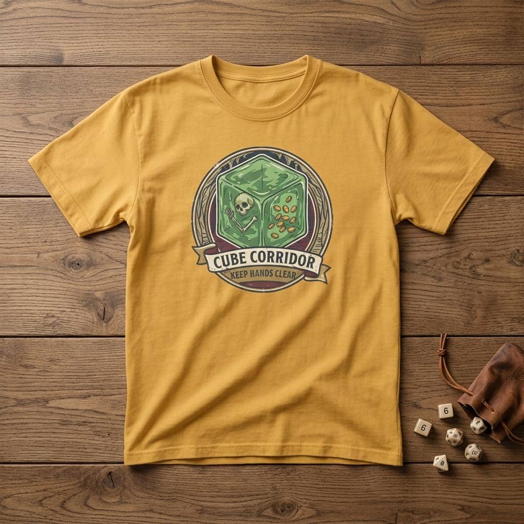 Vintage national park warning graphic tee featuring tabletop gaming's iconic translucent dungeon ooze alongside a deadpan caution sign for adventurers who touch strange corridor walls, shown laid flat among dice