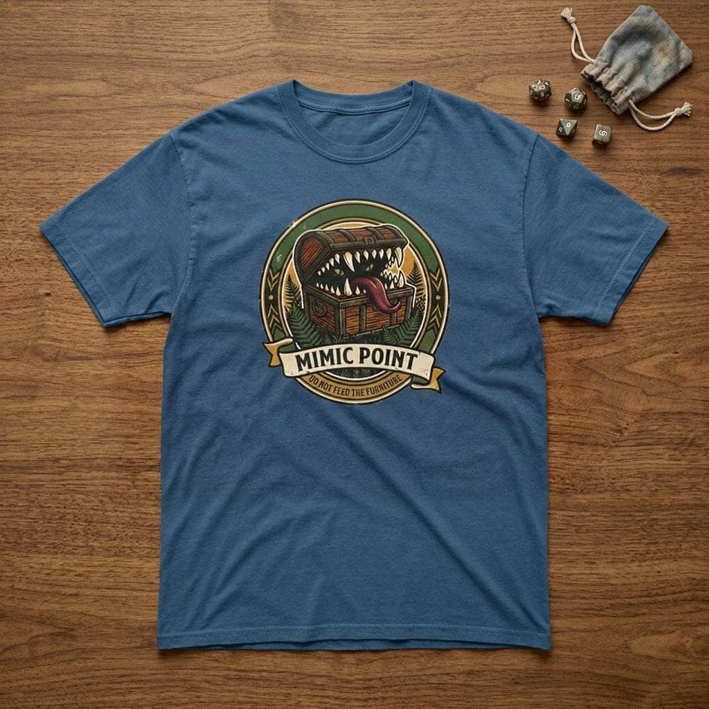 Deadpan national park badge tee warning dungeon adventurers against hungry furniture, shown laid flat among dice