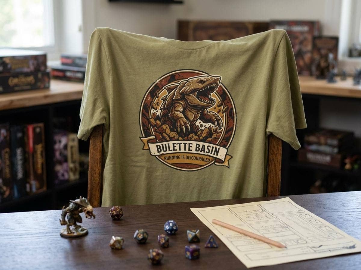 Vintage national park souvenir graphic tee featuring tabletop gaming's armored landshark burrower, paired with deadpan trail advice warning adventurers that running only draws its tremorsense, shown draped over a chair