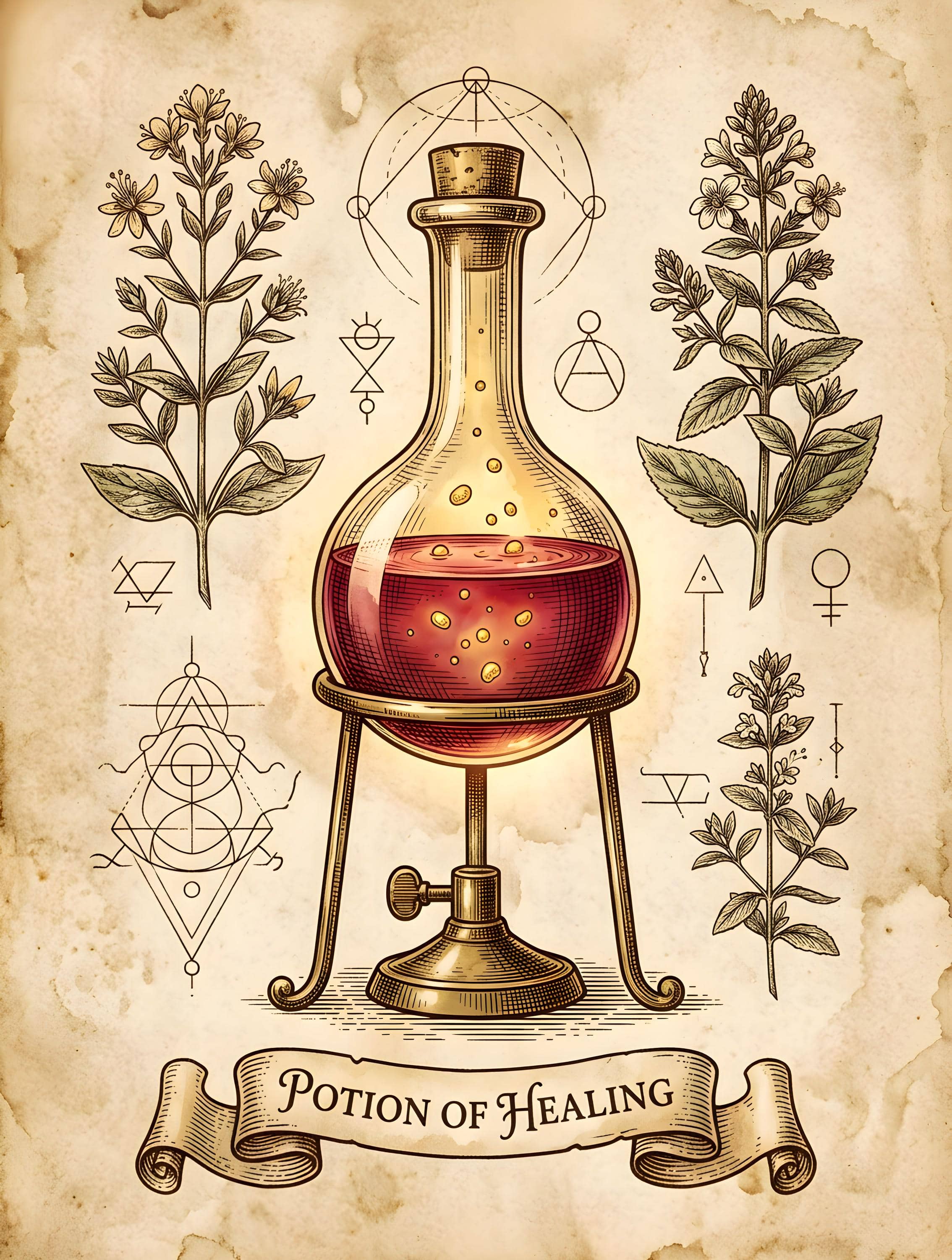 An ultra-soft tabletop gaming throw blanket styled as an authentic antique alchemical grimoire page detailing the legendary Potion of Healing, the complete printed design shown flat, the artwork