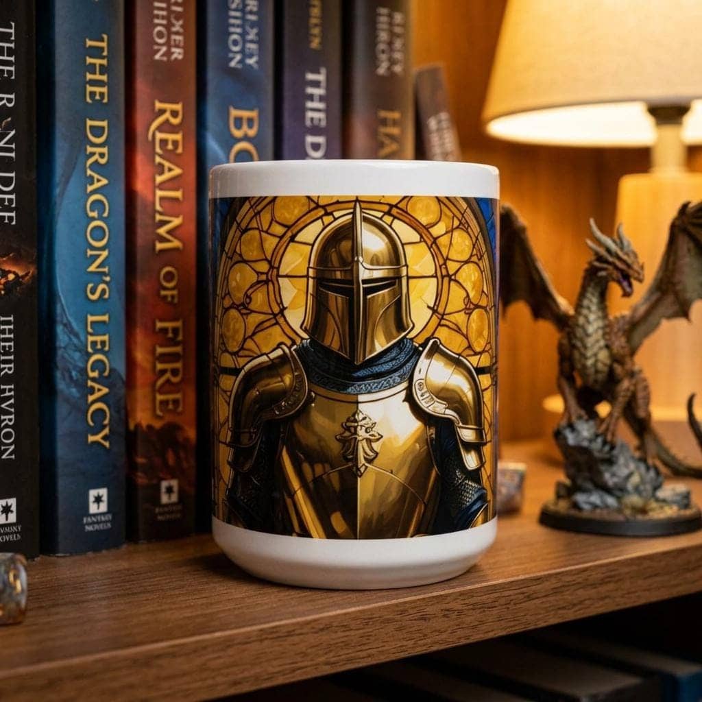 A beautifully illustrated mug that embodies the code of a paladin, shown on a shelf