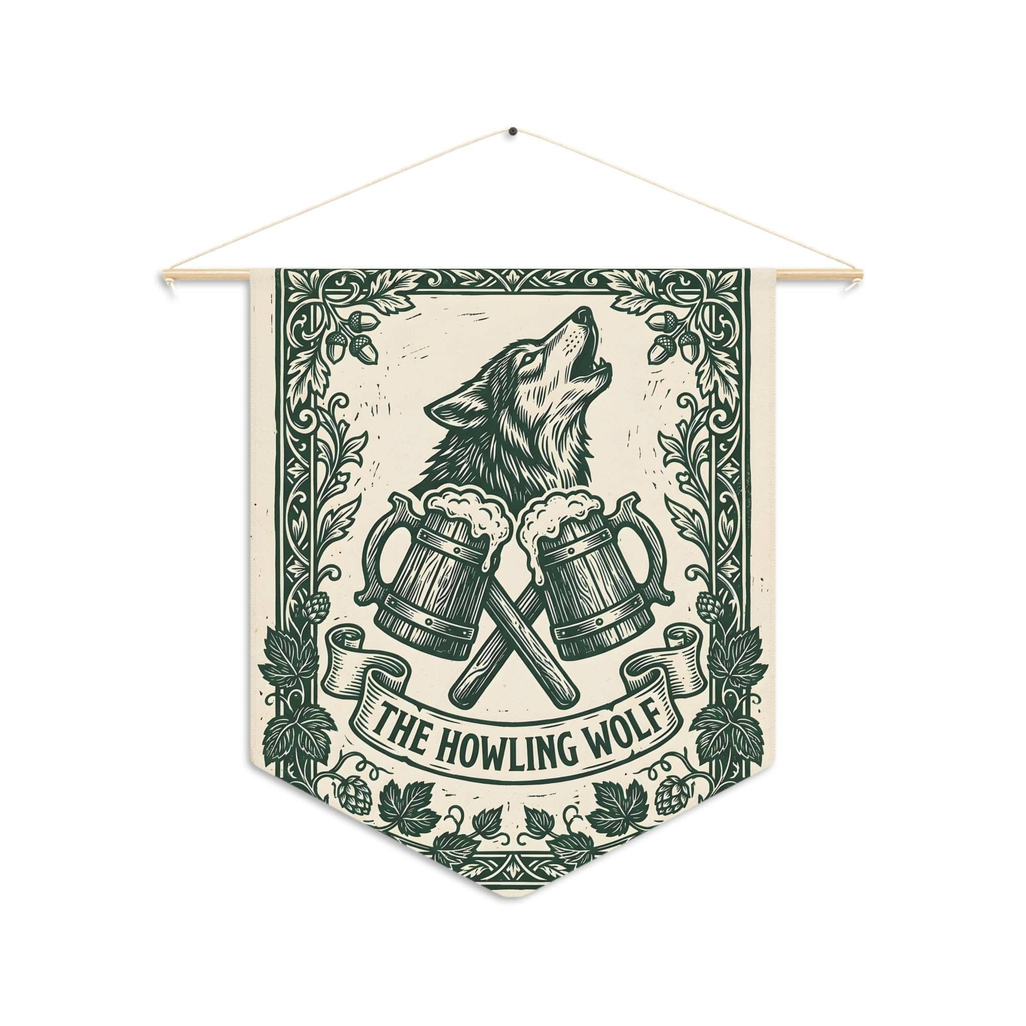 Vintage woodcut tavern hanging pennant that transforms a modern game room, tabletop corner, or bedroom into an authentic fantasy alehouse for D&D session nights, front view