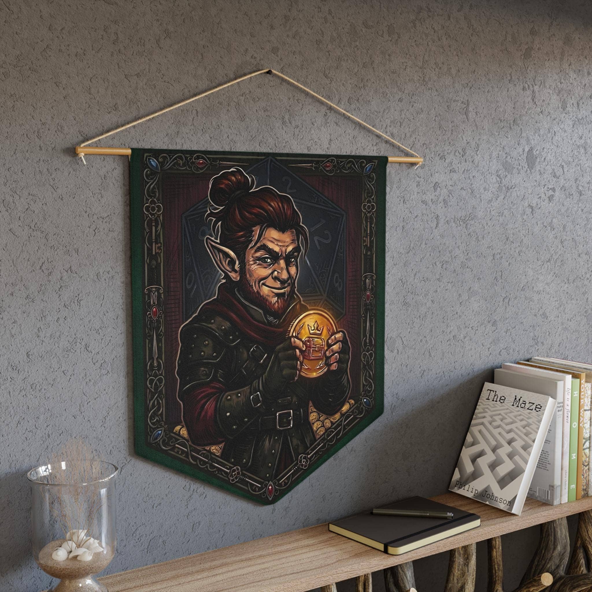 A bold screenprint-style canvas banner celebrating a critical Sleight of Hand roll, featuring a roguish gnome with his stolen prize to elevate a gaming room or pin collection corner, in a room setting