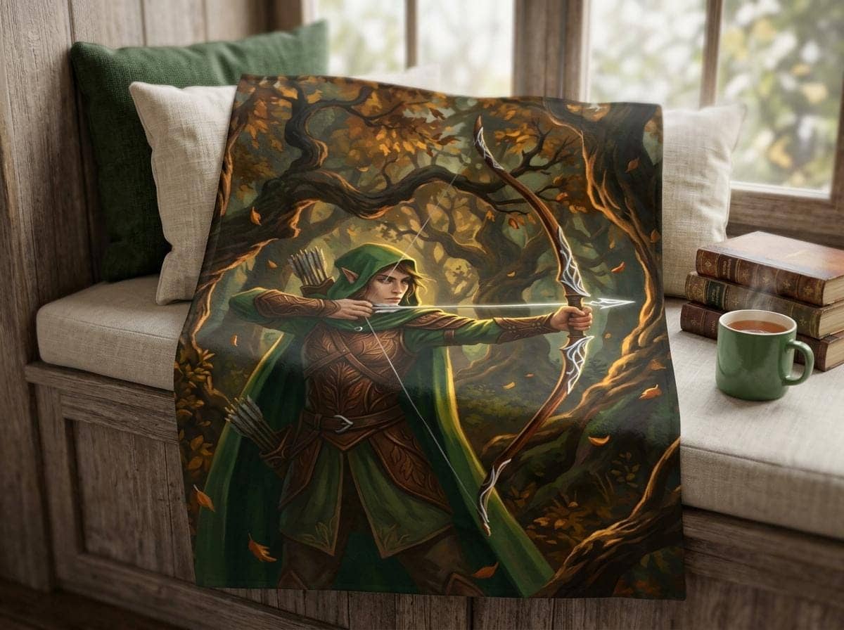Cozy up during late-night gaming sessions with a plush sherpa-lined fleece throw blanket featuring a wood elf ranger nocking an arrow in an ancient autumnal woodland, shown in a reading nook