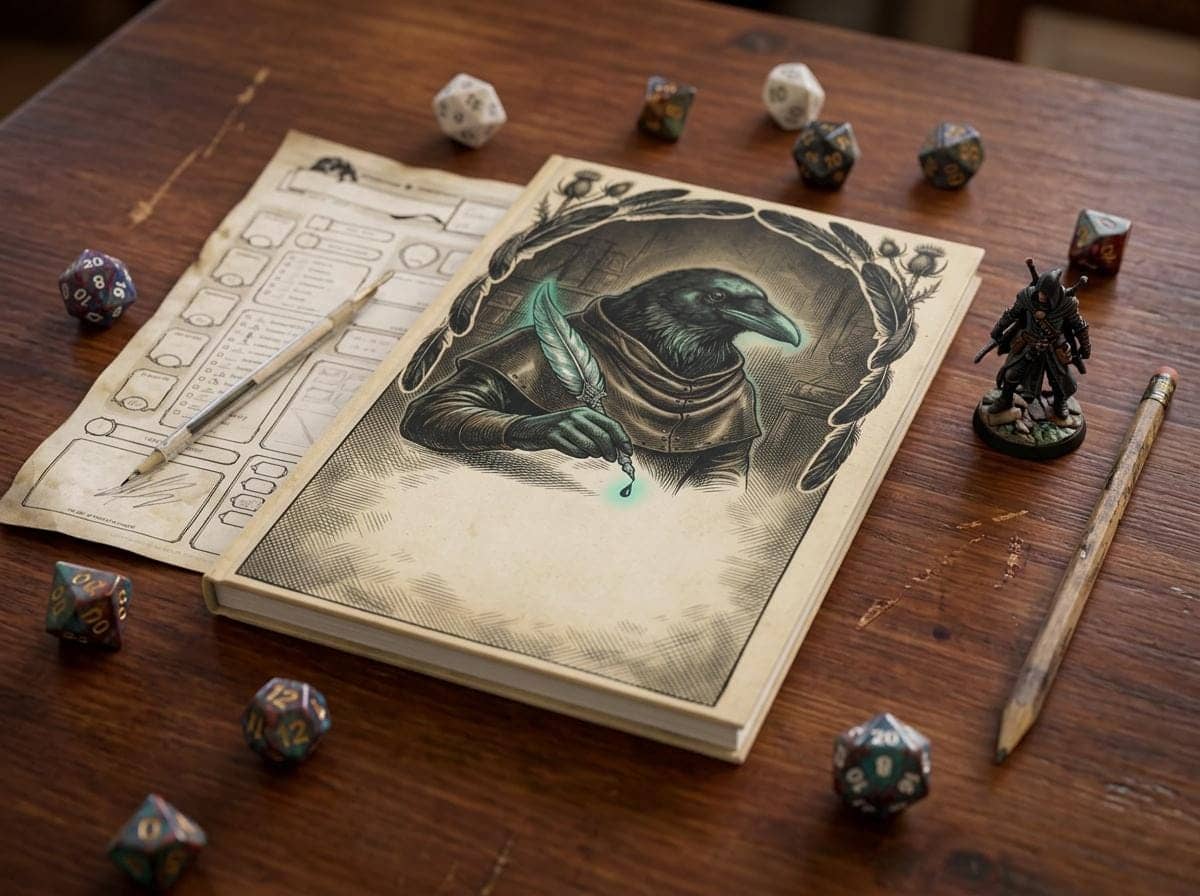 Hardcover fantasy campaign notebook designed as an arcane Kenku scrivener's tome