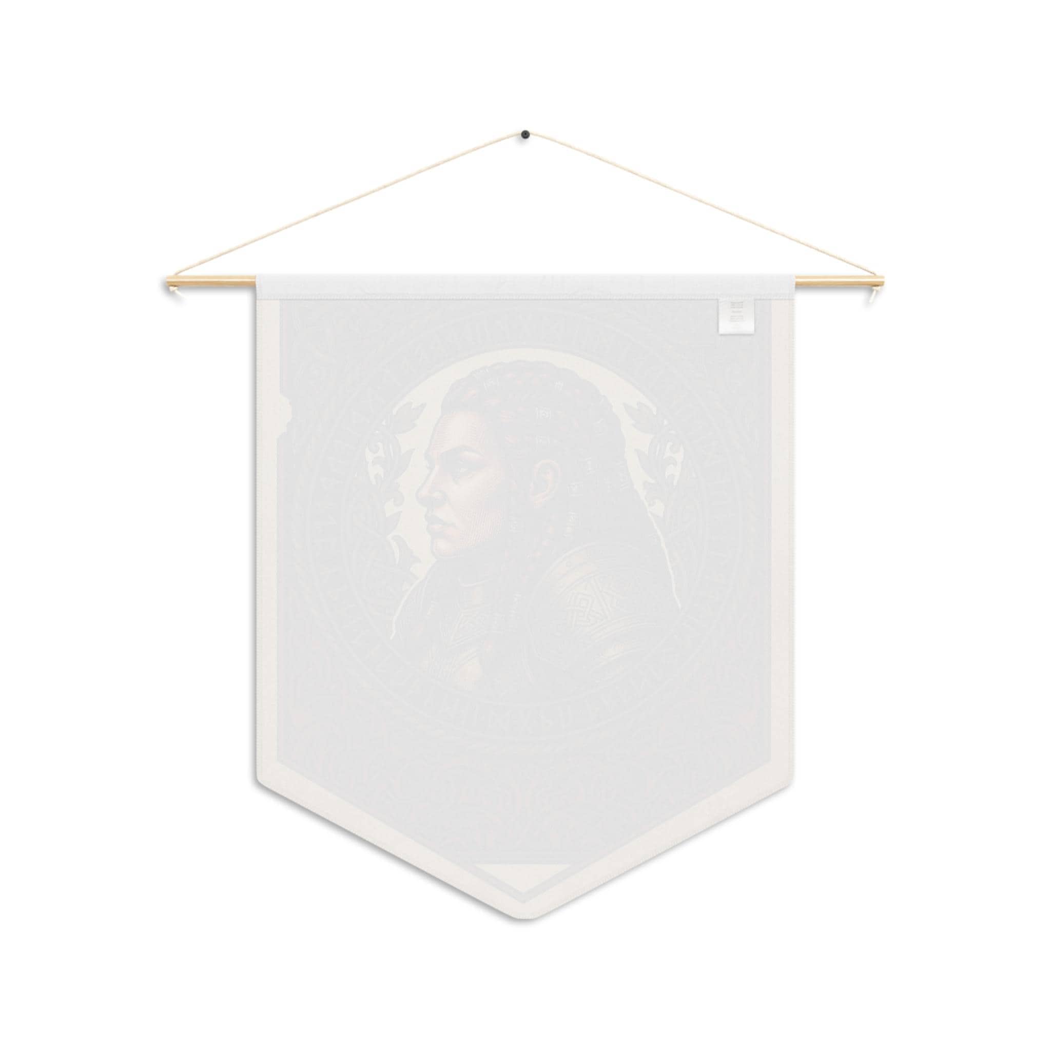 Vintage heraldic female dwarf warrior pennant flag designed to elevate RPG campaign corners and gaming battle stations with authentic medieval heraldry, back view