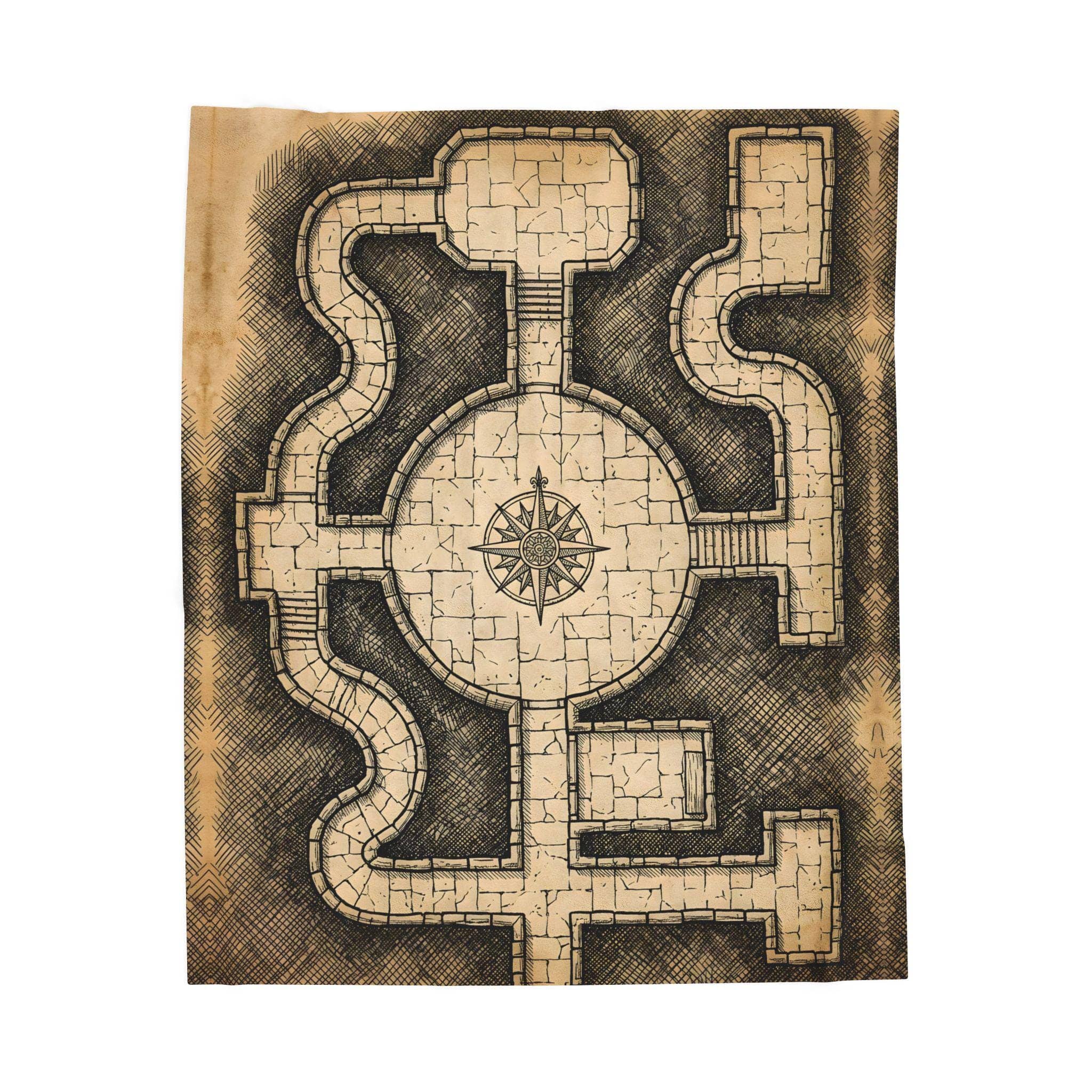 Ultra-soft fleece throw blanket printed edge-to-edge as a vintage hand-inked dungeon crawl floorplan with secret chambers and trap glyphs, front view