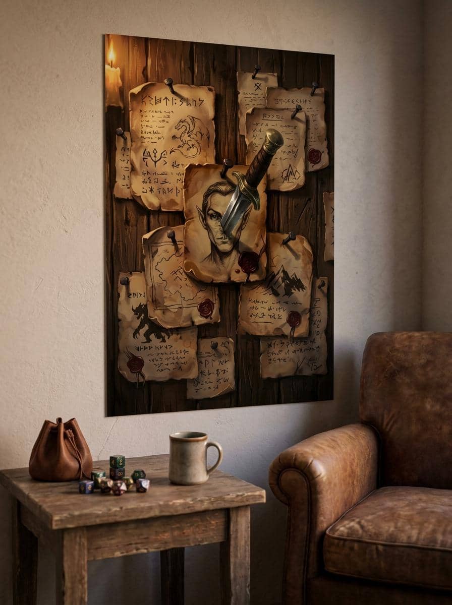 Transforms any room into a life-sized adventurer's tavern bulletin board pinned with scorched quest contracts, crimson wax seals, and an embedded iron dagger, printed on a poster, shown in a cosy den corner