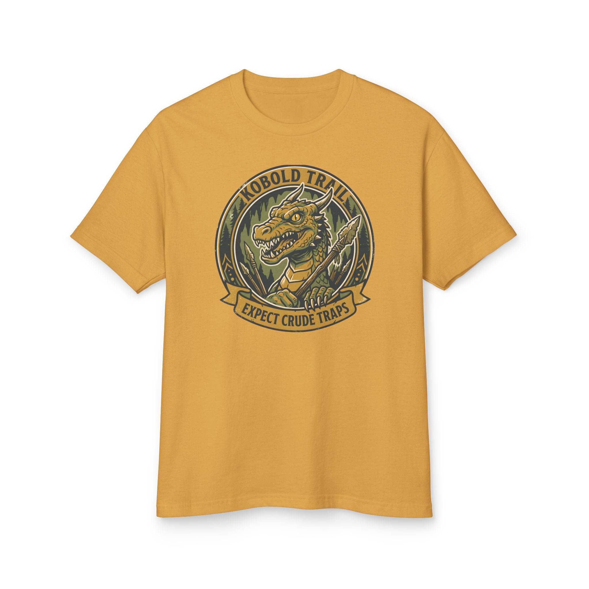 Deadpan national park style graphic tee warning tabletop adventurers to watch their step for crude traps along the kobold trail, front view