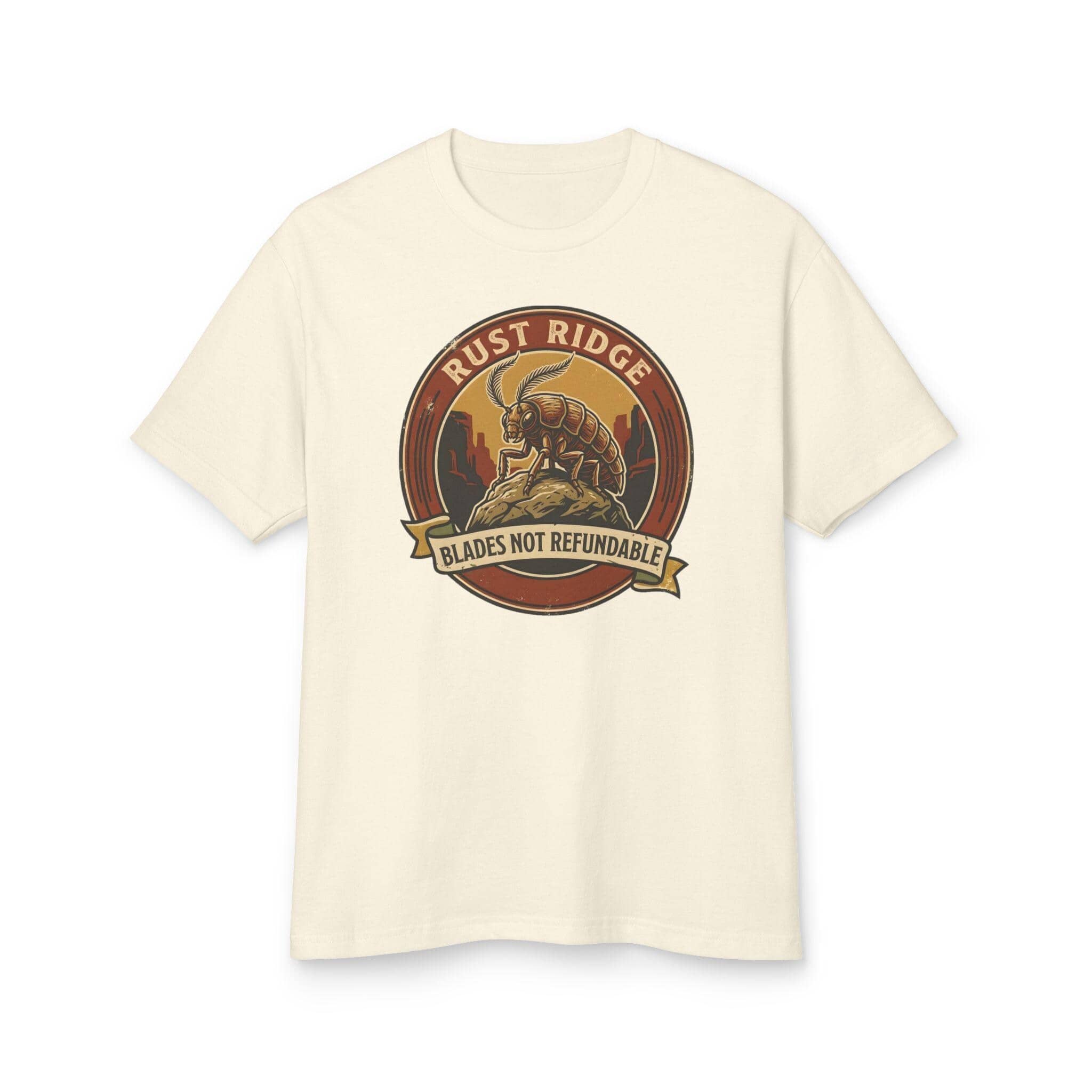 Vintage national park souvenir graphic tee featuring tabletop gaming's notorious metal-eating armored insectoid paired with a deadpan park ranger weapon warning for dungeon crawlers and roleplaying gamers, front view