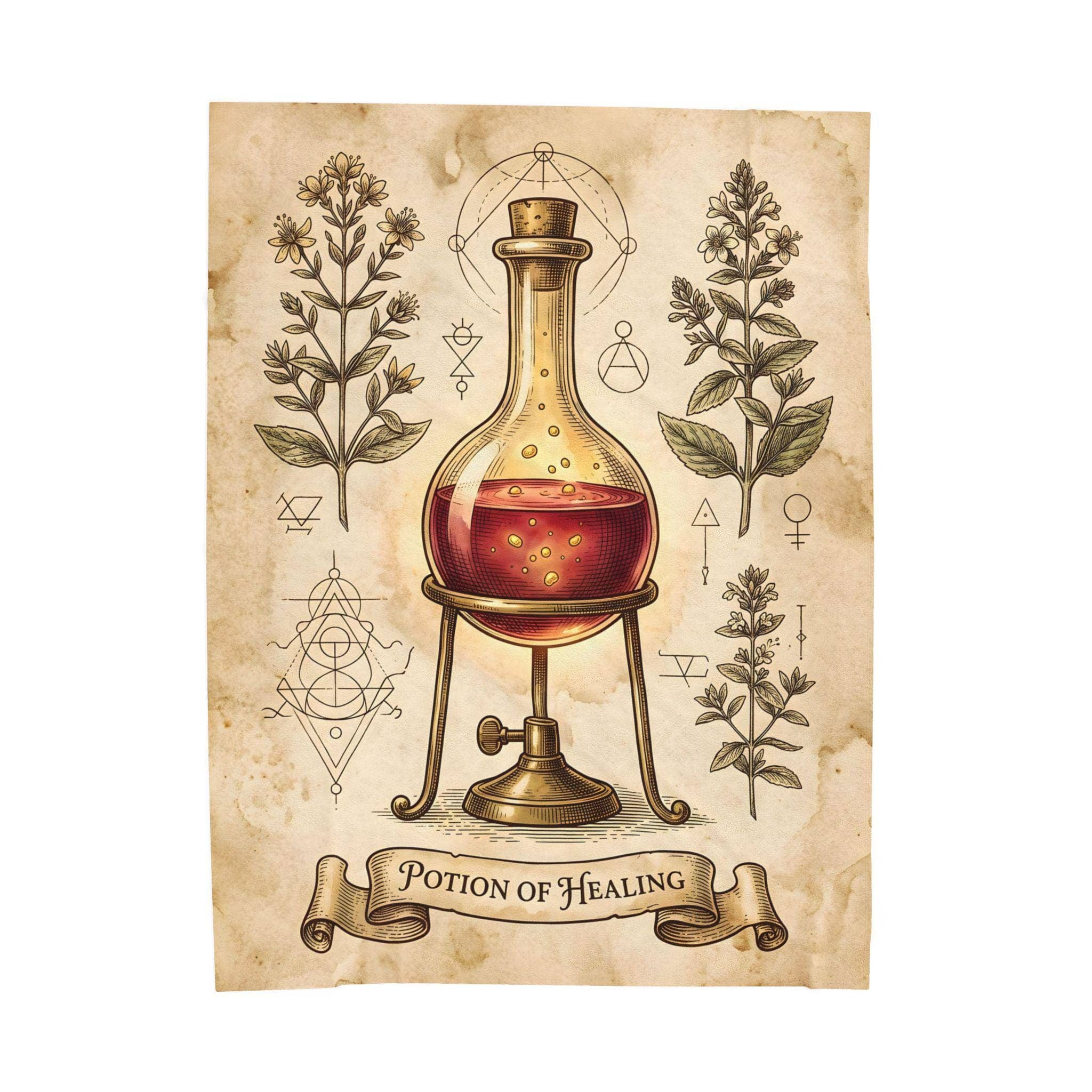 An ultra-soft tabletop gaming throw blanket styled as an authentic antique alchemical grimoire page detailing the legendary Potion of Healing, front view