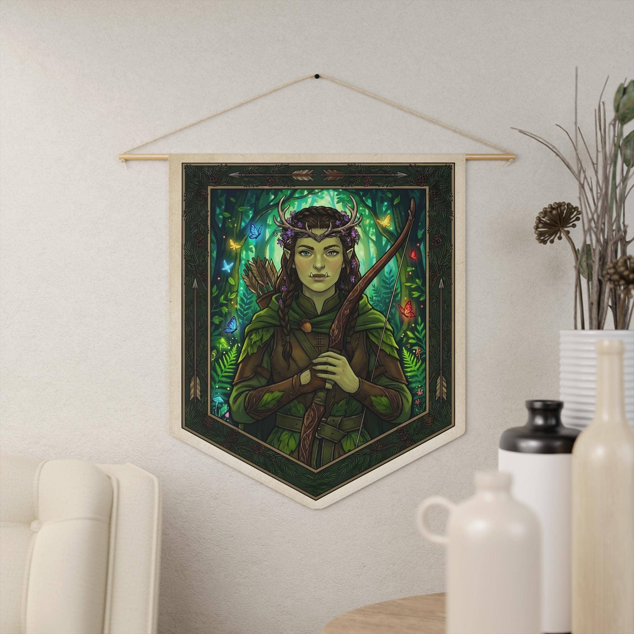 Subverts brutal half-orc tropes with enchanting Feywild cottagecore charm, printed on a pennant, in a room setting