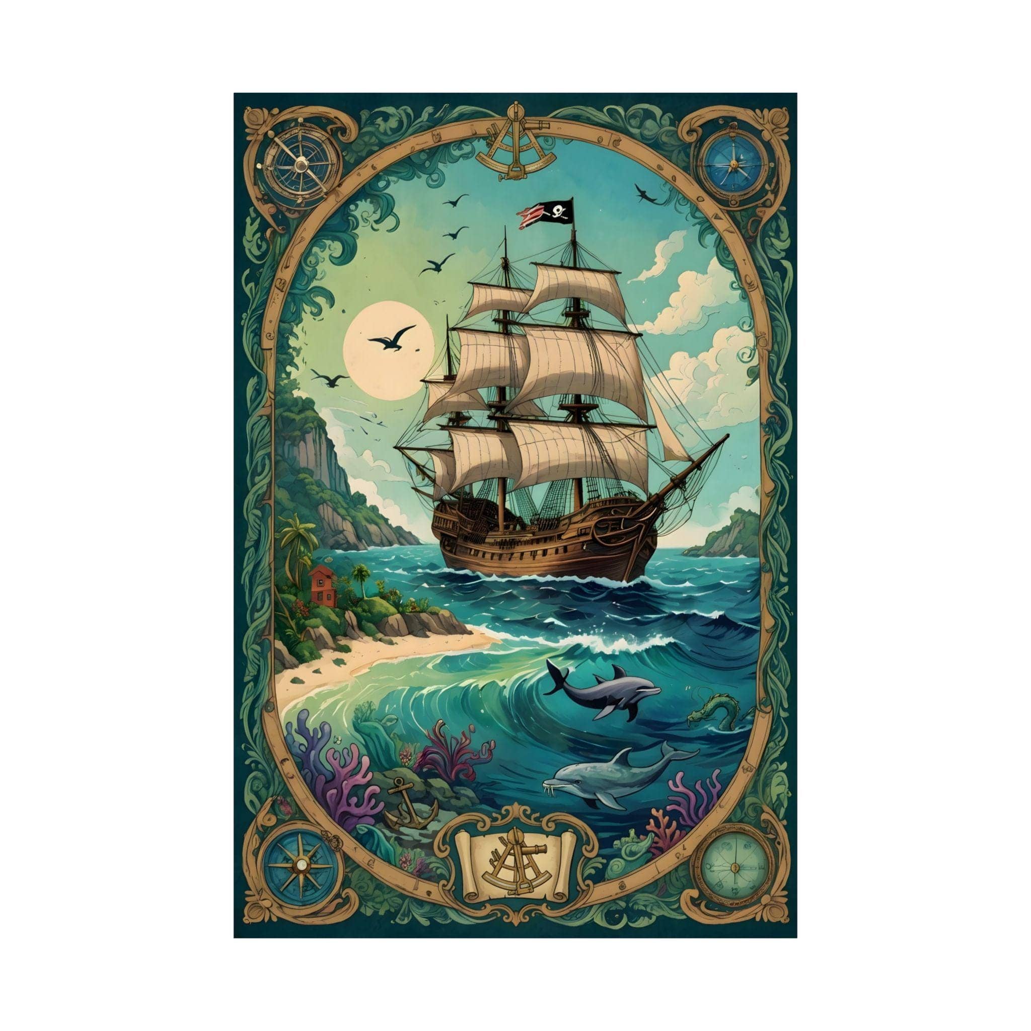 Vibrant pirate-themed artwork on a matte vertical poster, front view